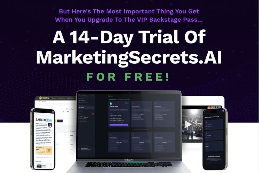 The Free VIP Upgrade popup during AI Secrets Challenge registration showing the 14-day MarketingSecrets.AI trial offer