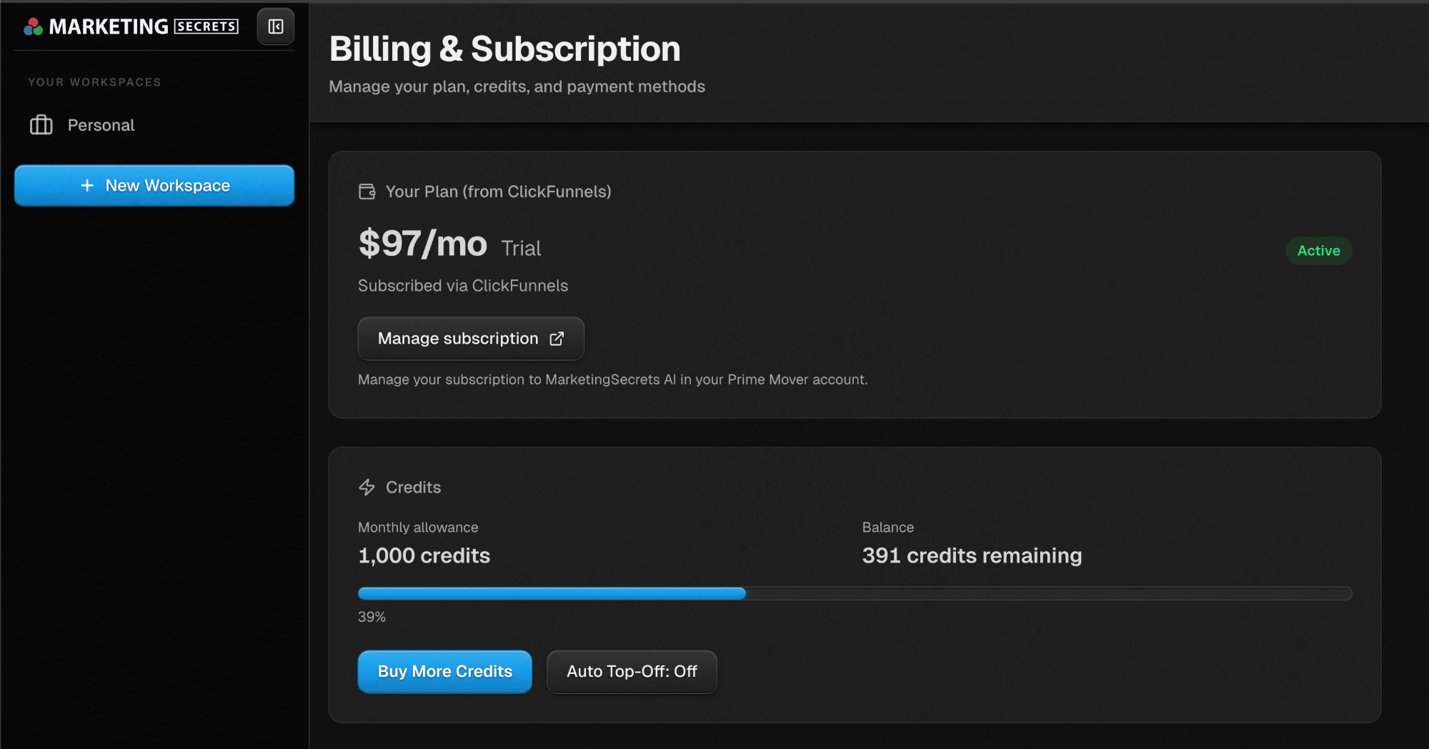 MarketingSecrets.AI billing $97/mo
