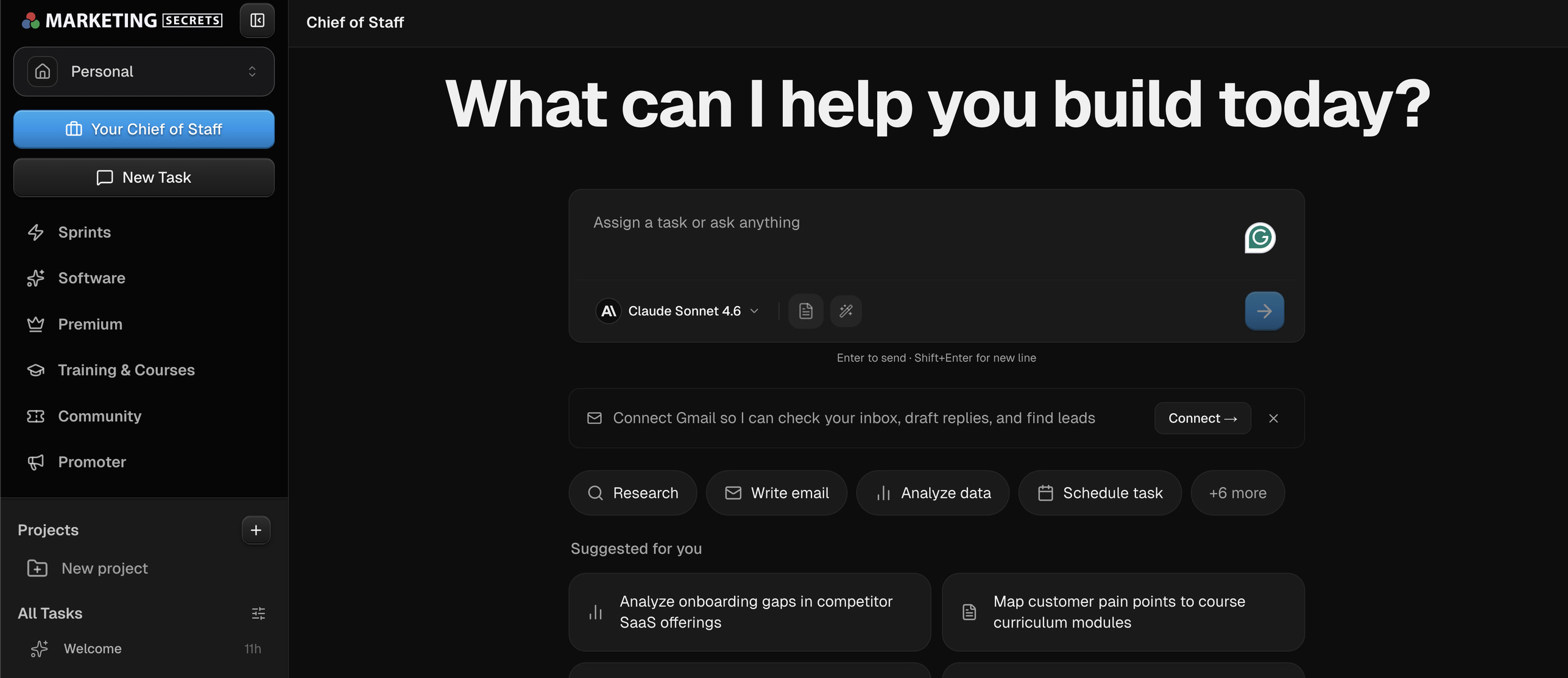 MarketingSecrets.AI dashboard you log into — Chief of Staff with Claude Sonnet 4.6