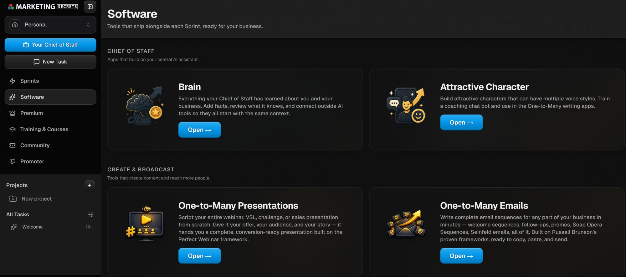 Inside MarketingSecrets.AI — Brain, Attractive Character, One-to-Many apps