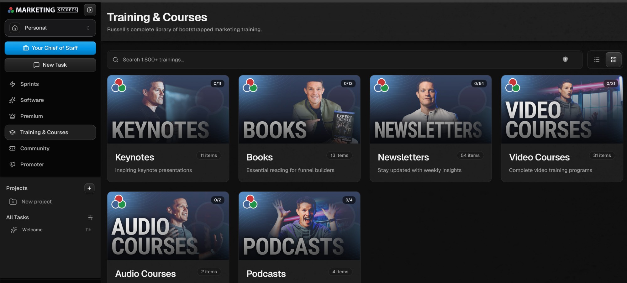 MarketingSecrets.AI 1,800+ training library: keynotes, books, newsletters, video and audio courses